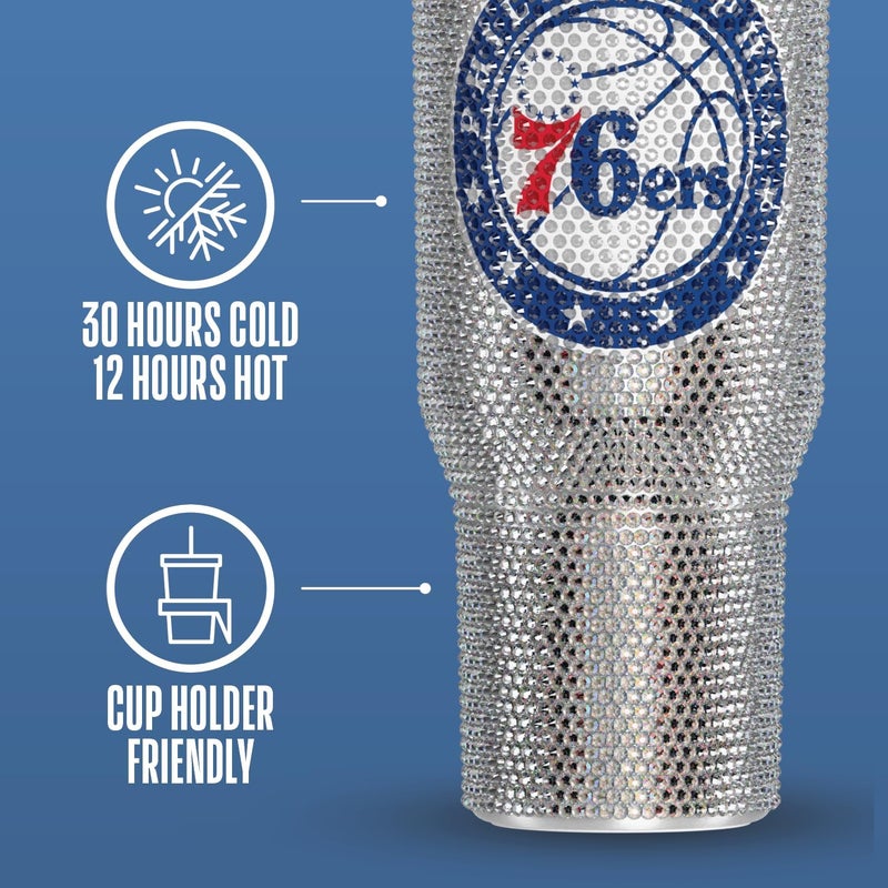 Hydrapeak x NBA Officially Licensed Philadelphia 76ers Voyager 40 oz Stainless Steel Bling Tumbler with Handle, Insulated Rhinestone Water Bottle With Straw & Lid, Includes Gift Box - Image 4
